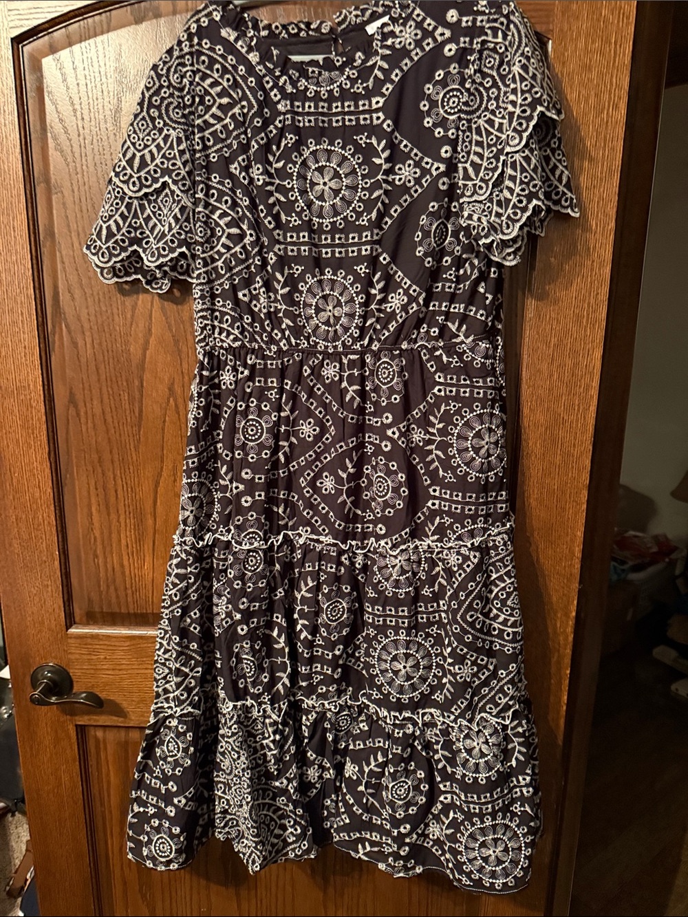 Baltic Born Mirabel Eyelet midi Black Dress with White Embroidery